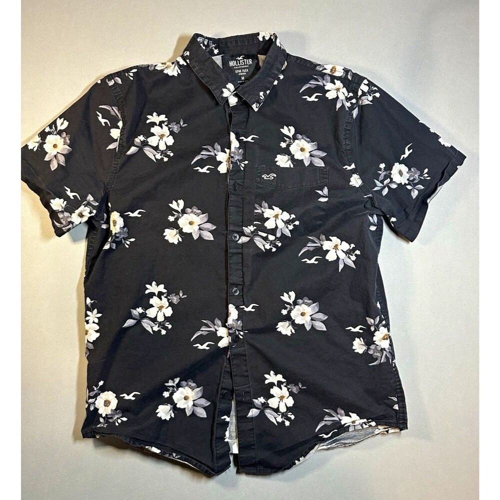 Hollister Epic Flex Mens M Regular Black/White/Gray Floral Woven SS Button-Up